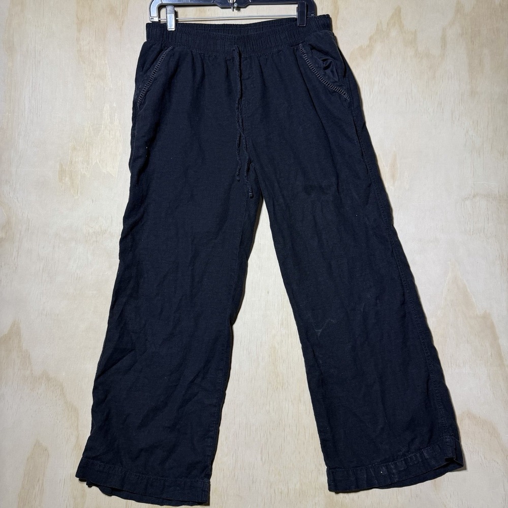 Briggs Womens L Linen Rayon Pants Black Wide Leg Pull On Drawstring Coastal